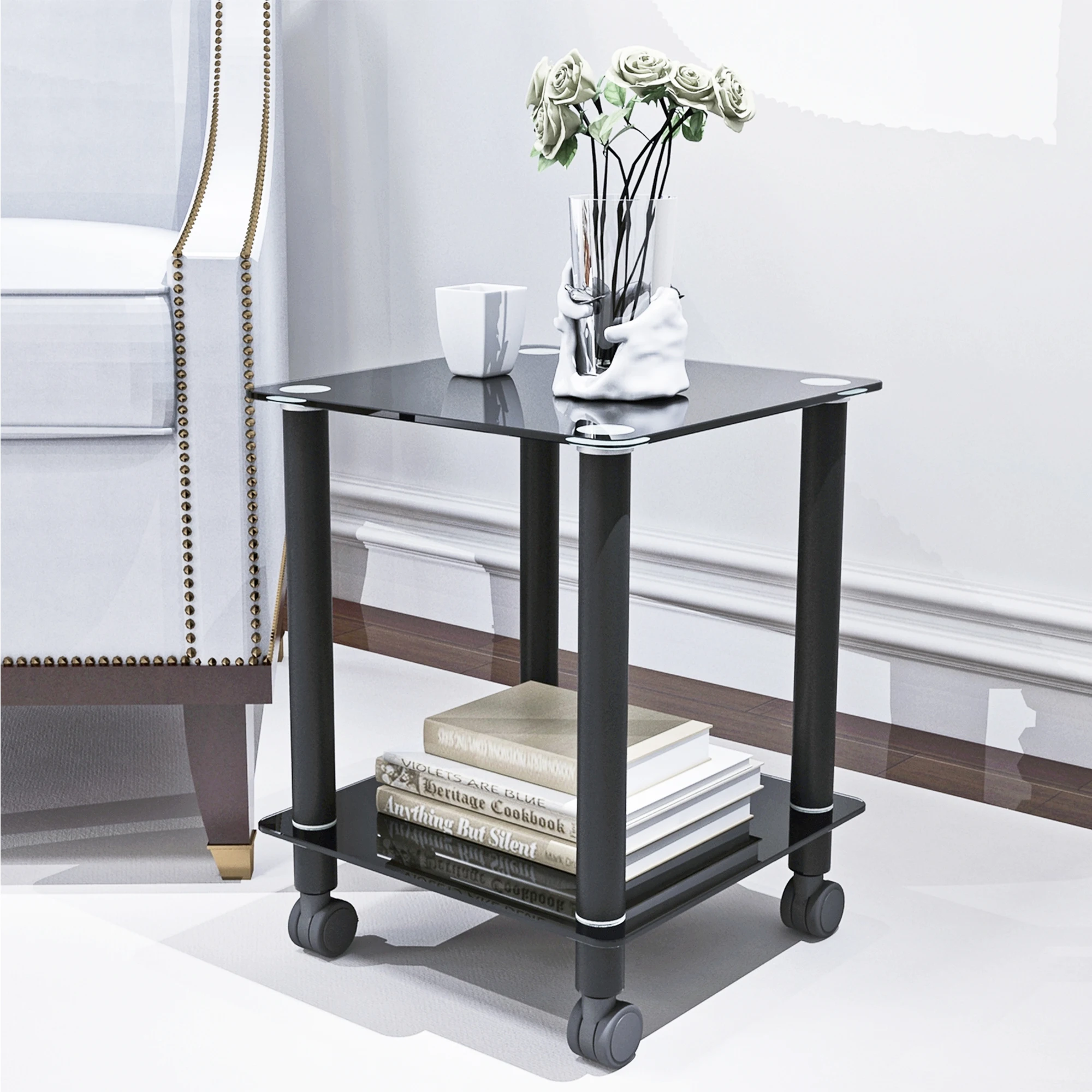 [Flash Sale]Black Glass Side Table 2-Tier Space End Table Modern Night Stand Sofa Table with Storage Shelve & Wheels[US-Stock]