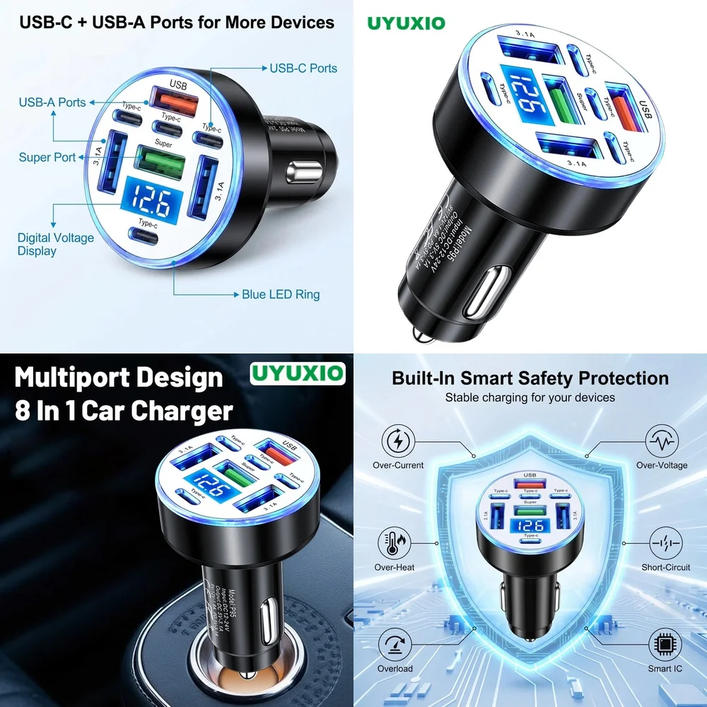 Smart 8 in 1 Multi Port Car Charger for iPhone 16 Samsung S26 Ultra iPad with Digital Voltage Display for Road Trip Gear