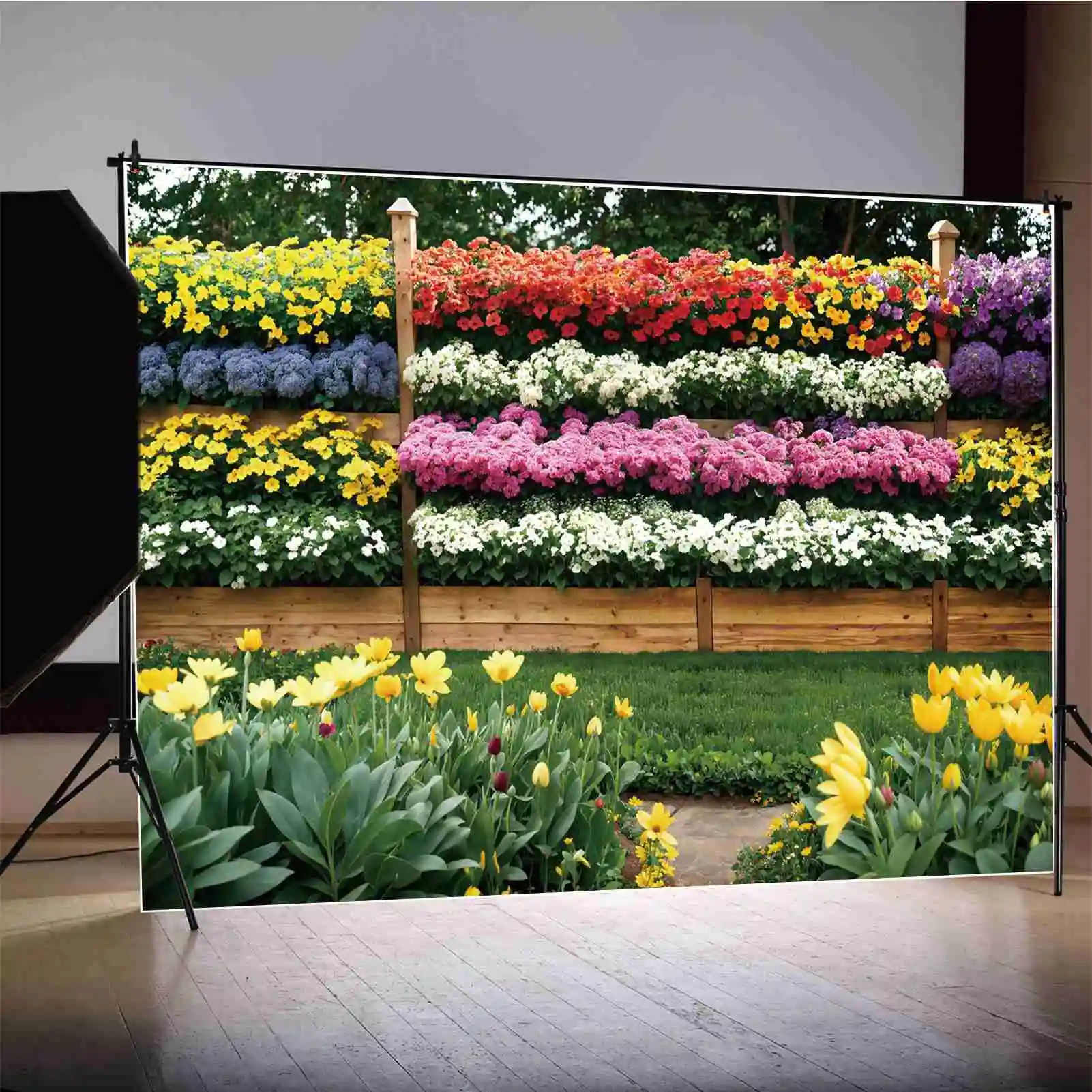 Fiori primaverili fondali da giardino per giardino fotografia decorazione per feste fiore recinzione in legno parete personalizzata per bambini sfondi fotografici puntelli