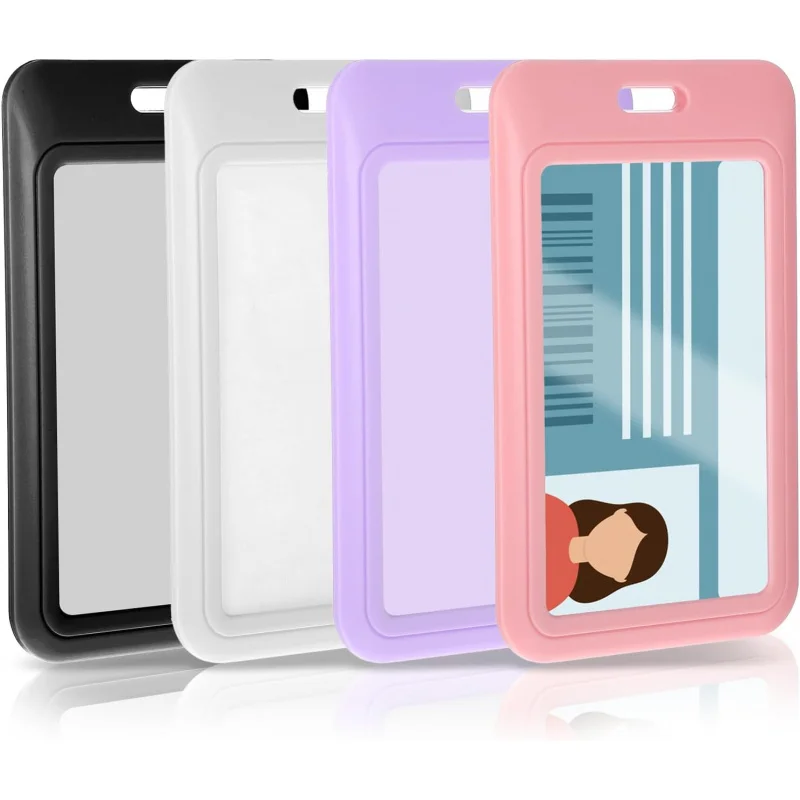 

4 Pack Sliding ID Badge Holders, Heavy Duty Hard Plastic Vertical Card Protectors with Clear Window, Waterproof Cute ID Card