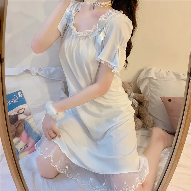 Camicie da notte donna Mini Sleepwear Kawaii Clothes Home Soft Summer Square Collar Lace-spliced Girls Sweet White Lounge Kpop Trendy