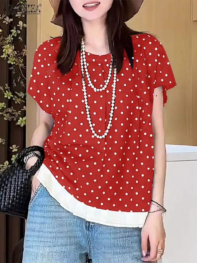 ZANZEA Bohemian Polka Dot Printed Blouse Women Summer Short Sleeve Holiday Tops Casual Pleated Shirt Female Loose Party Blusas