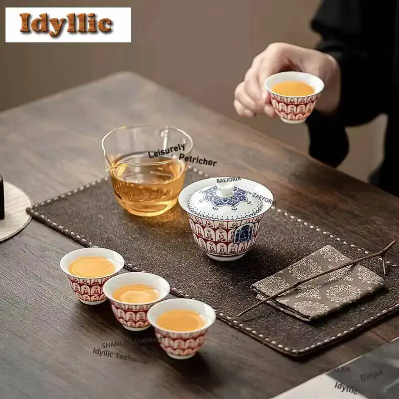 Chinese Thousand Buddha Reverse Mouthed Tea Set Complete Vintage Ceremony Teapot And Cup For Gift Box Tea Ceremony Accessories