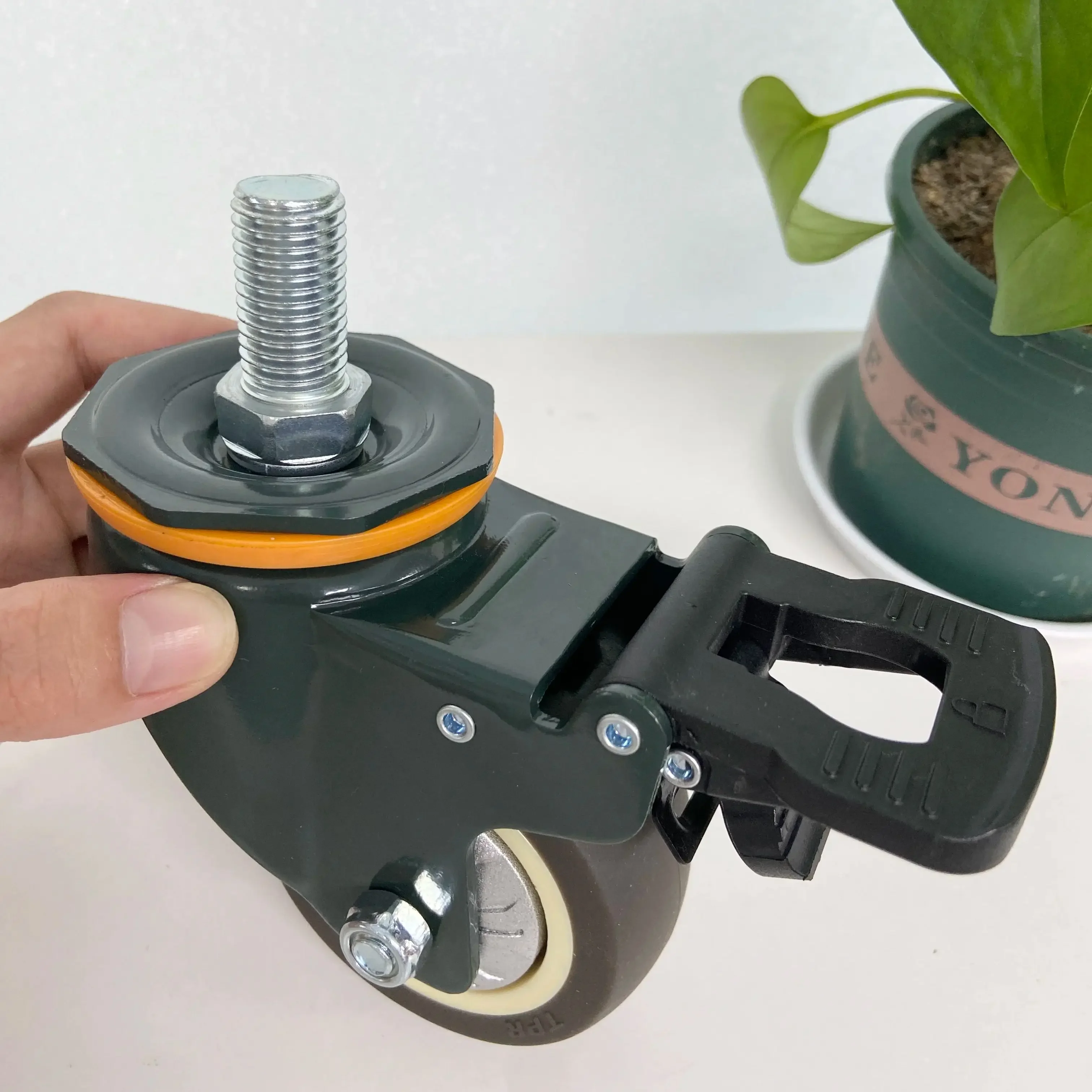 1Pcs-3 Inch Universal Wheel with Brake Rubber Shaft Caster Pulley - Silent Machine Single Load 110KG - M10/M12/M14/M16/M20 Screw