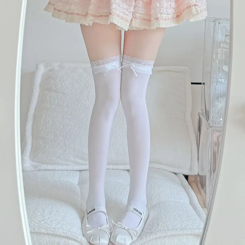 Elegante, durchsichtige, weiße, oberschenkelhohe Spitzensocken für Damen mit Schleife – süße Lolita-Cosplay-Strümpfe für den täglichen Gebrauch, sexy Geschenkstrümpfe – Detail 15