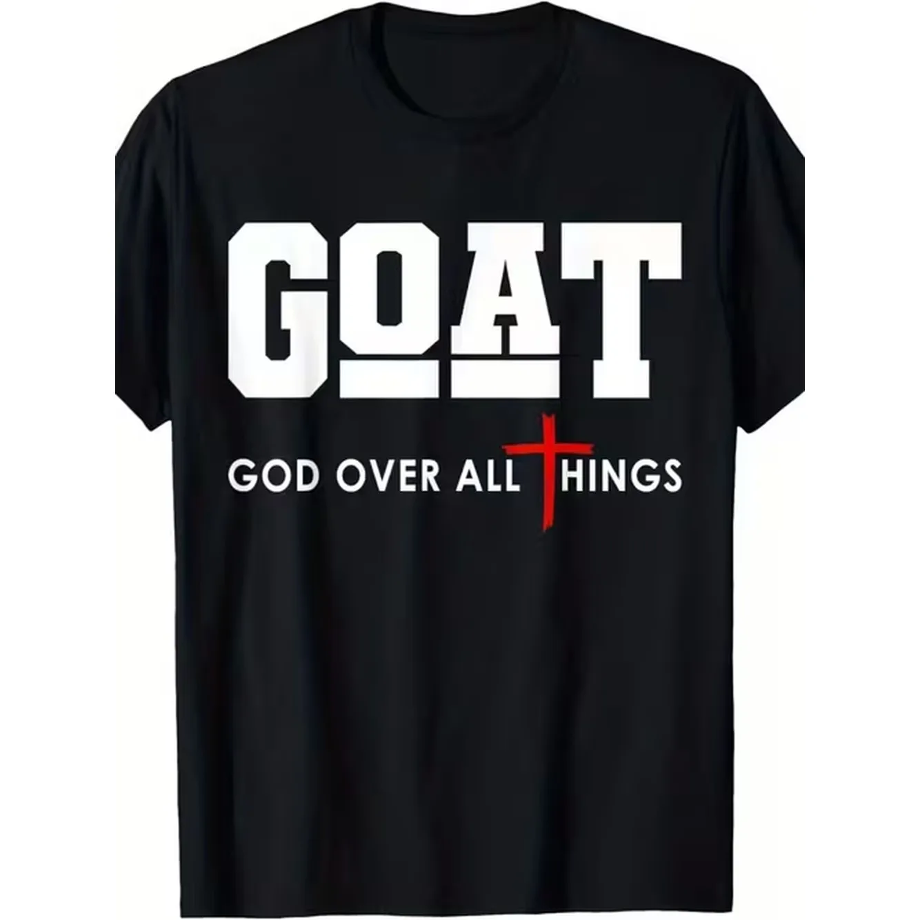 item picture goat graphic t shirt black crew neck shirt with white text and design god is of all statement edition the perfect combination of everyday casual and religious inspiration unique gift for faith and sports enthusiasts
