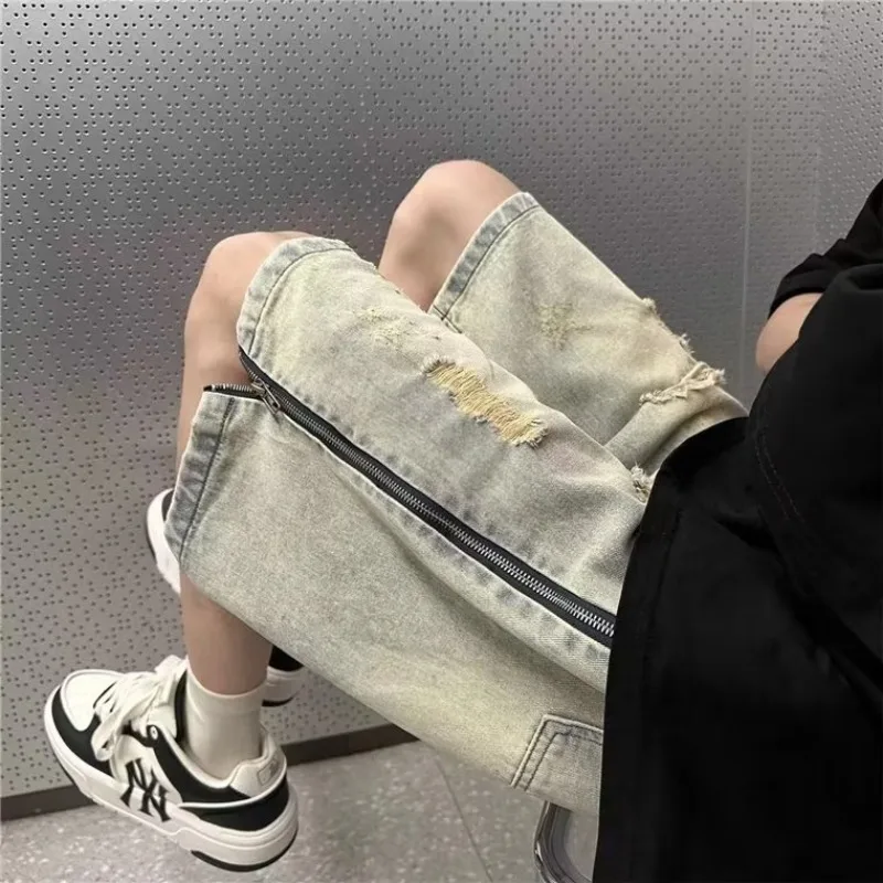 

Мужские летние тонкие джинсовые шорты American Sle Mud Dye с перфорацией, в стиле хип-хоп, уличные, с боковой молнией, пятикарманные