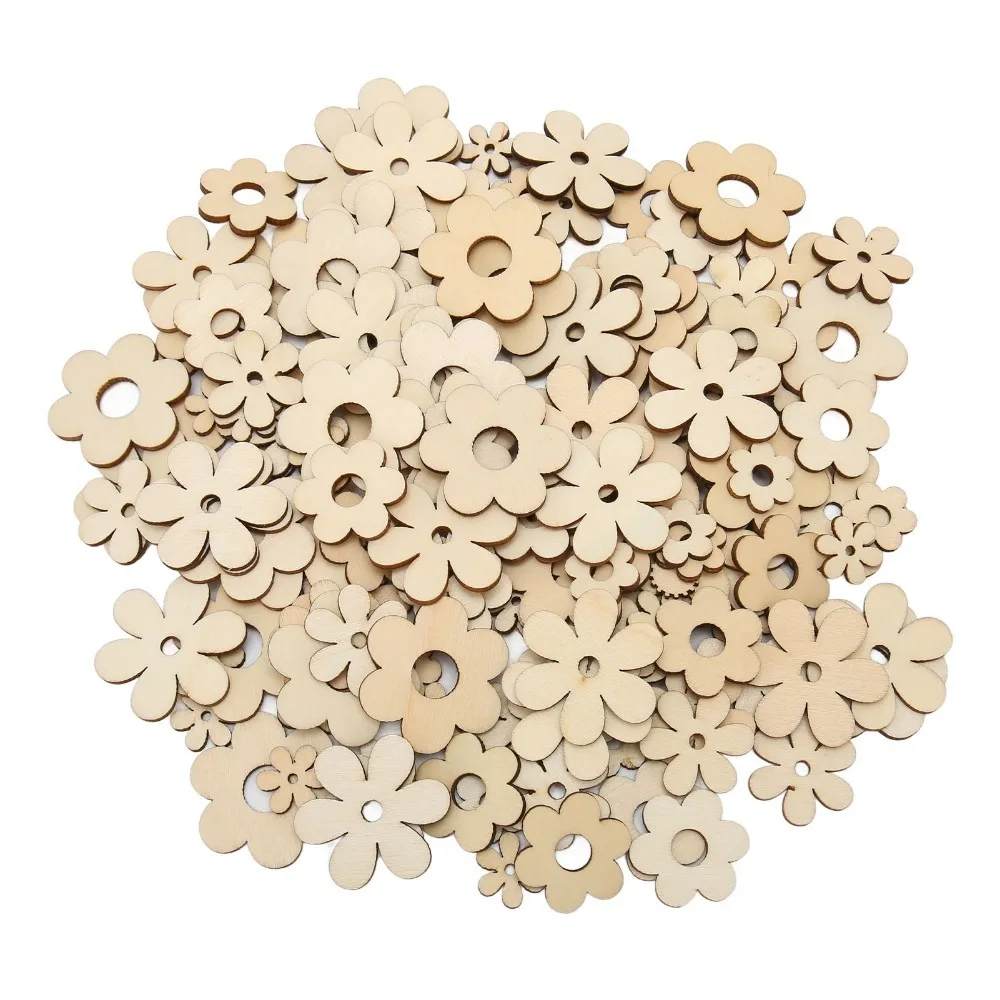 300Pcs Mixed Sizes Unfinished Wooden Cutouts Plum Blossom Shape Unfinished Surface Wooden Craft Cutouts Floral Wood Ornaments