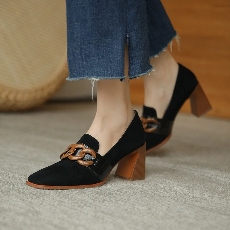 Women Pumps Natural Suede Leather Shoes Plus Size 2023 Spring Thick High Heels Genuine Leather Shallow Ladies Party Luxury Shoes