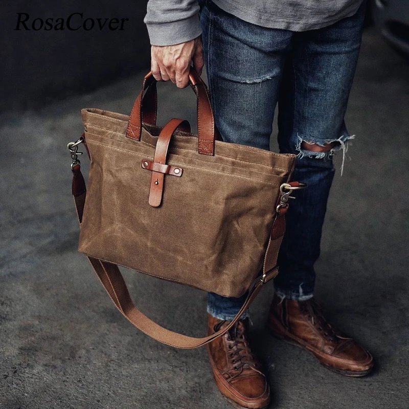 Oil Wax Leather Cloth Canvas Tote transverse Solid Color Vintage Shoulder/Crossbody Bag Men's and Women's Handbags Folds Tote