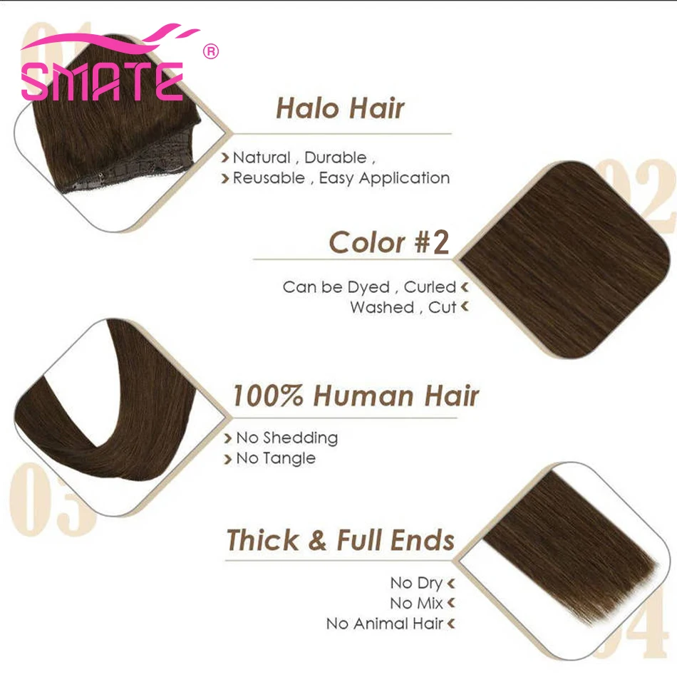 SMATE Wire in Hair Extensions Human Hair Straight Natural Human Hair One Piece Fish Line Clips Weft in Hair Extensions 14“-24”