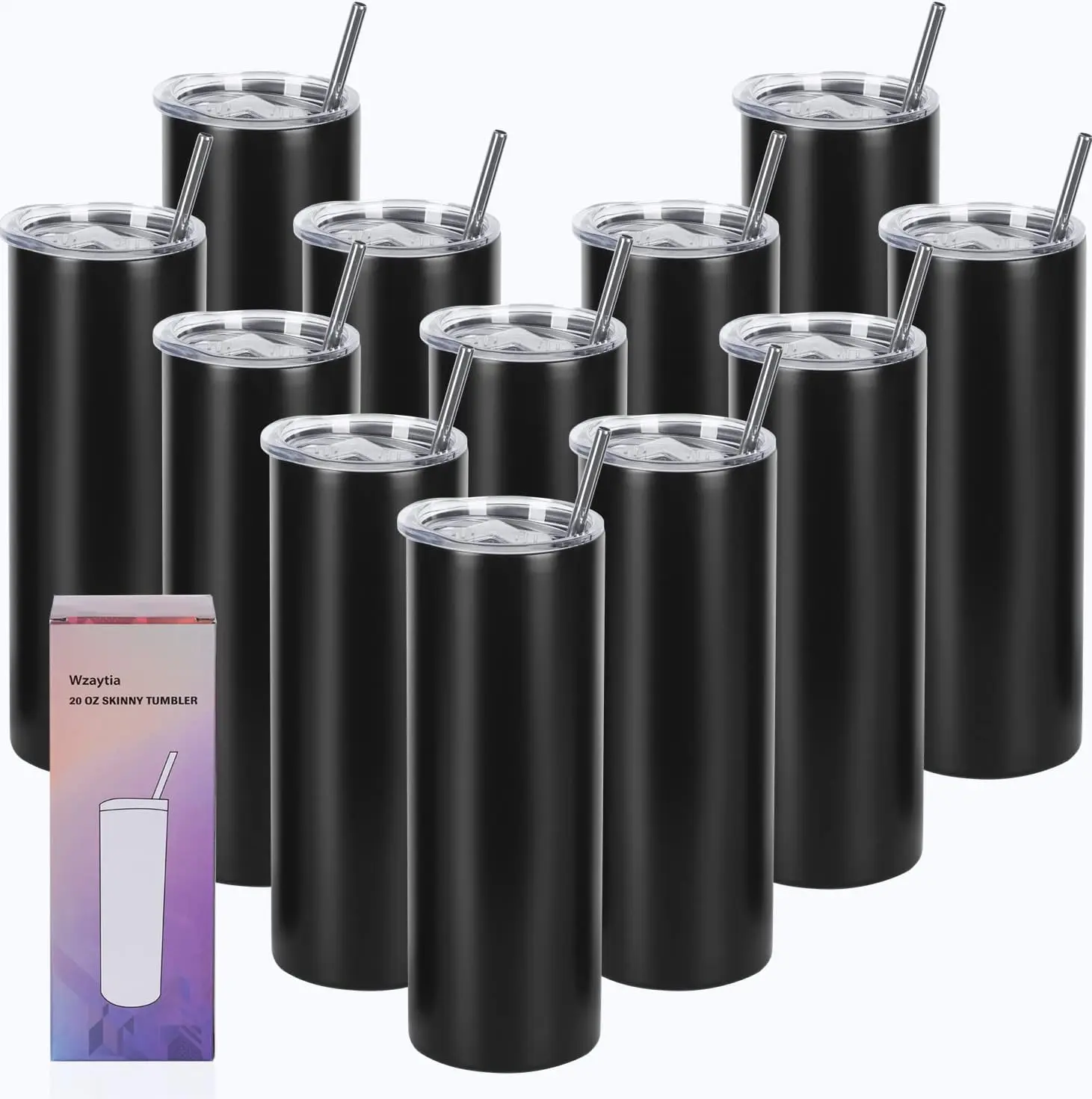 

12-Pack 20 Oz Straight Skinny Stainless Steel Tumblers, Individually Boxed with Lids and Straws for DIY Gifts