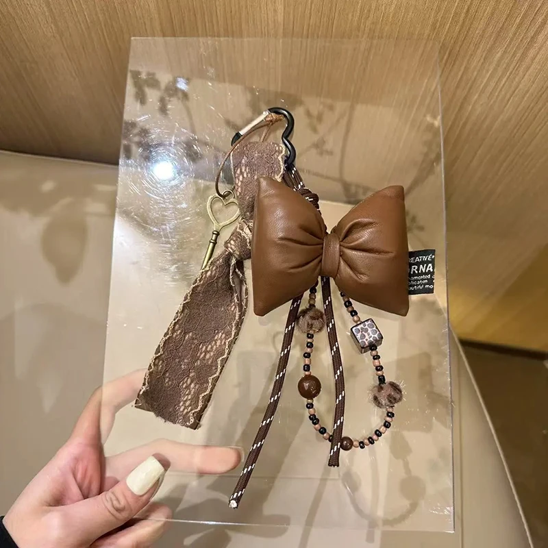 Modern Leather Bow Design Keychain Bag Decors Coffee Colored Fashion Bag Pendant Charm Ornament Women Hanging Accessory