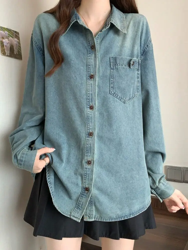 

Уникальная красивая джинсовая рубашка-жакет для женщин, ранняя весна, большие размеры, свободный крой, стройнящий эффект, винтажный стиль, длинный рукав, на пуговицах