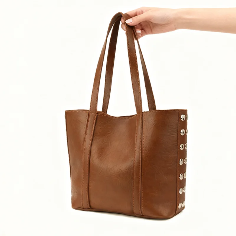 

Stylish Brown Leather Tote Bag Women Silver Rivet Design Shoulder Bag Large Capacity Daily Handbag Elegant Casual Shopping Bag