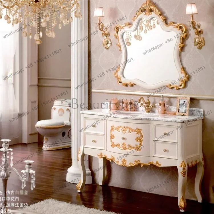 European bathroom cabinet red oak hand wash basin cabinet combination marble washstand floor