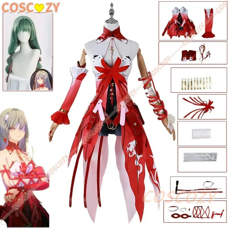 

Пиролова Косплей Костюм Игра Wuthering Waves Красный Паук Лилия Униформа XS-XXXL Платье-бандо Градиент Зеленый Двойной Хвост Парик