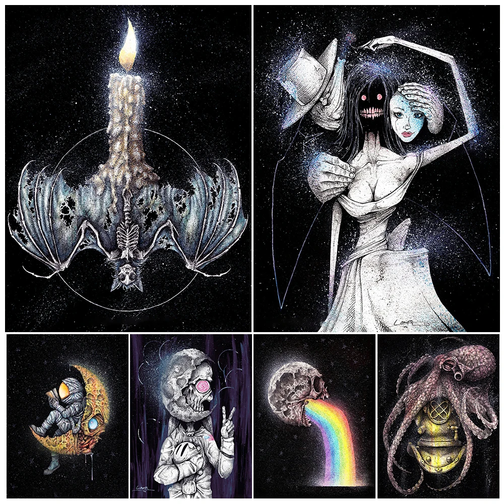 Spooky Moon And Astronaut Wall Art Canvas Painting Bat Candle And Abyss Nightmare Gothic Art Poster & Print Home Decor Unframed