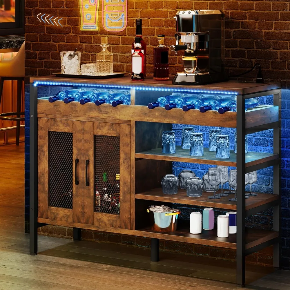 

47" Industrial Coffee Bar Cabinet with Led Lights and Power Outlets, Liquor Cabinet w/Doors Wine Rack Storage Metal Wood Sidebo