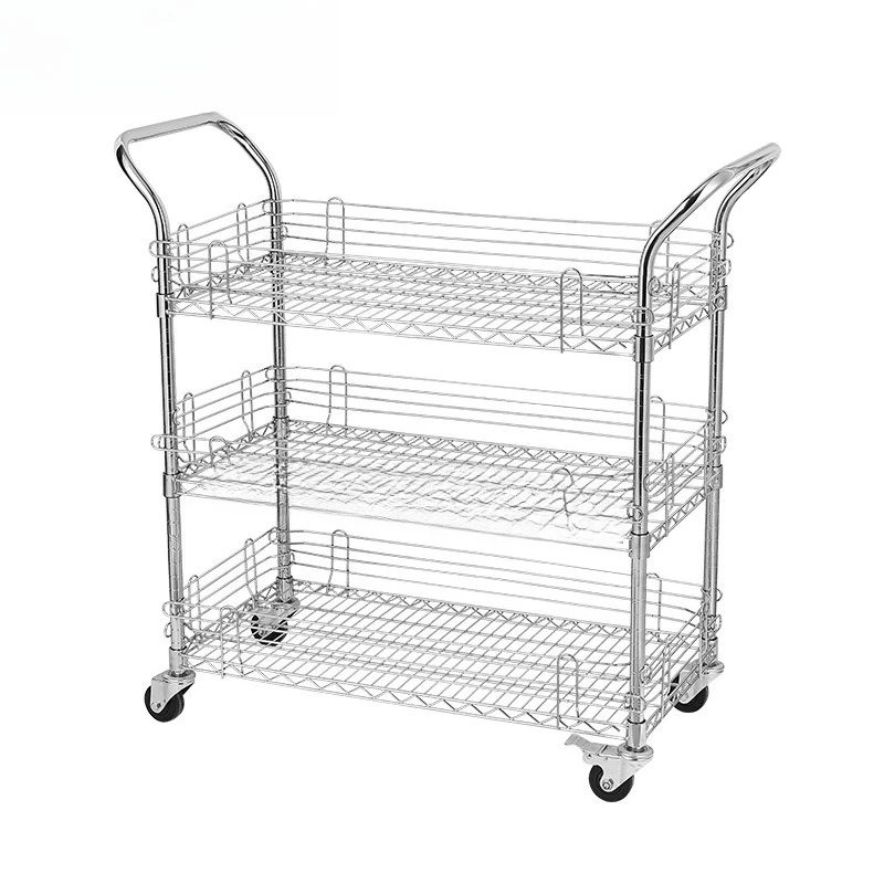 

Freely adjustable layer spacing Large capacity four-sided with side panel fence Three-layer material trolley