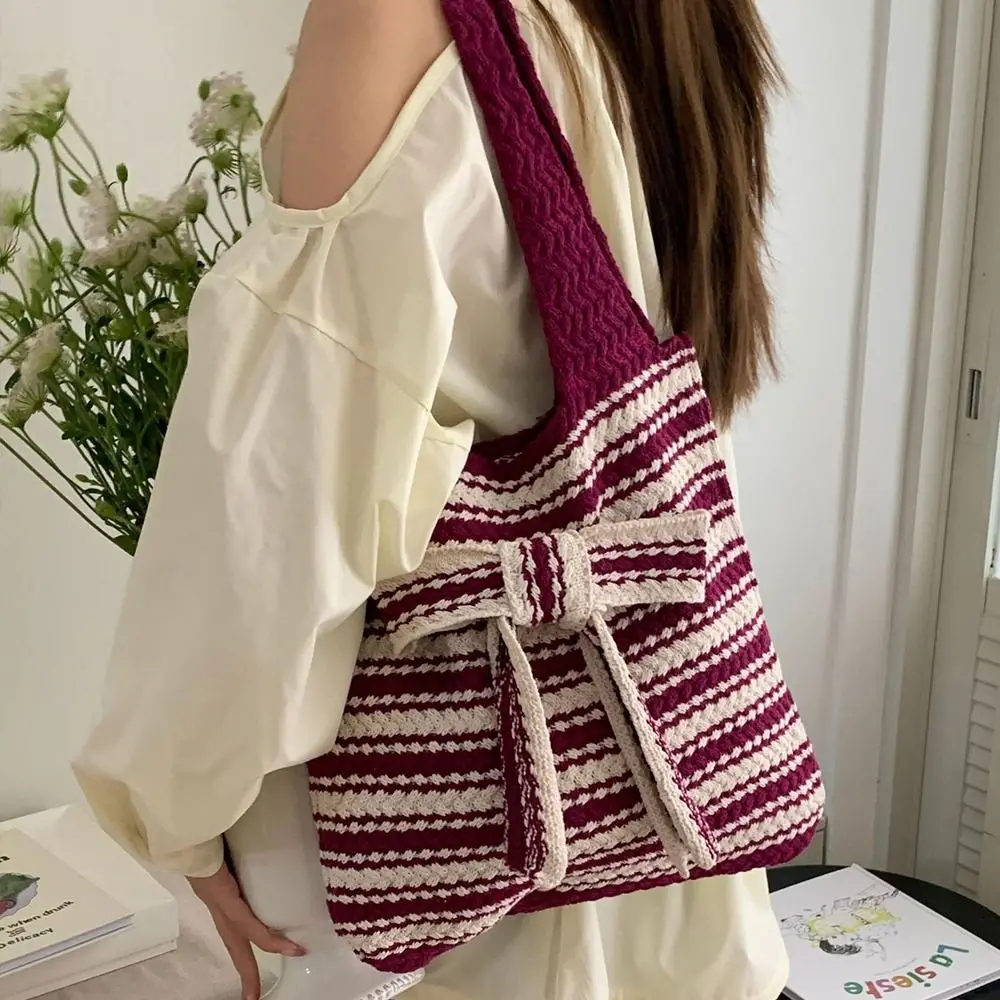 

Fashion Bow Striped Crochet Tote Bag Large Capacity Handmade Woven Shoulder Bag Casual Multicolor Hand Knitted Bag for Women
