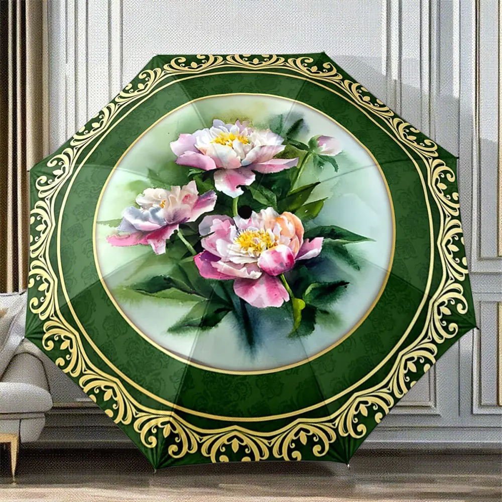 

Automatic Folding Umbrella with Pink & White Peonies & Green Golden Ornate Border - 8-Rib Compact Design, Lightweight Durable