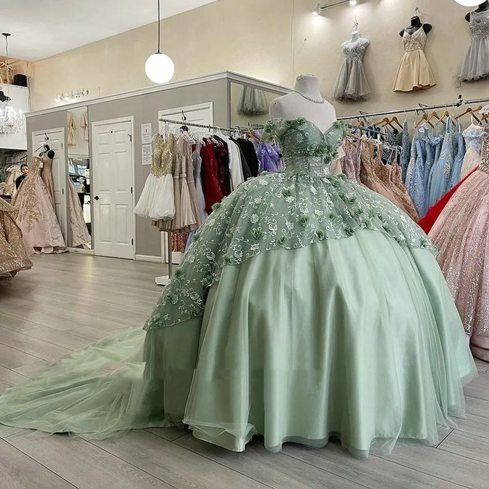 Gaun Quinceanera Hijau Sage Gaun Pesta Bahu Terbuka Bunga Tulle Bengkak Meksiko Manis 16 Gaun 15 Anos