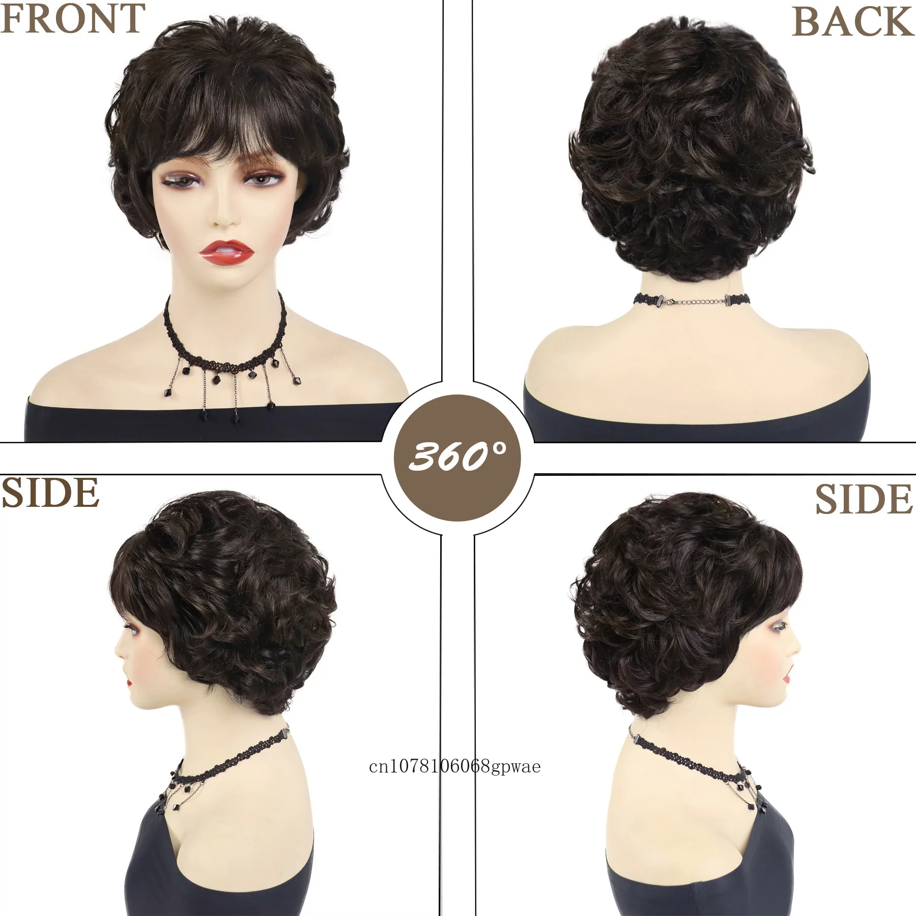 Synthetic Hair Fashion Dark Brown Wigs for Women Girls Short Curly Wig with Bangs Heat Resistant Fiber Daily Costume Party Use