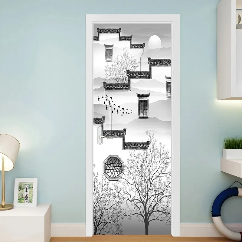 

Oriental Door Decoration Wallpaper Waterproof PVC Ink Painting Orchid Painting Design Chinese Style Door Sticker Mural Decals
