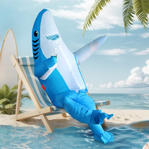 2 Sizes, Cute Unique Standing Shark Design Inflatable Suit, Halloween Christmas Play Inflatable Costume Props