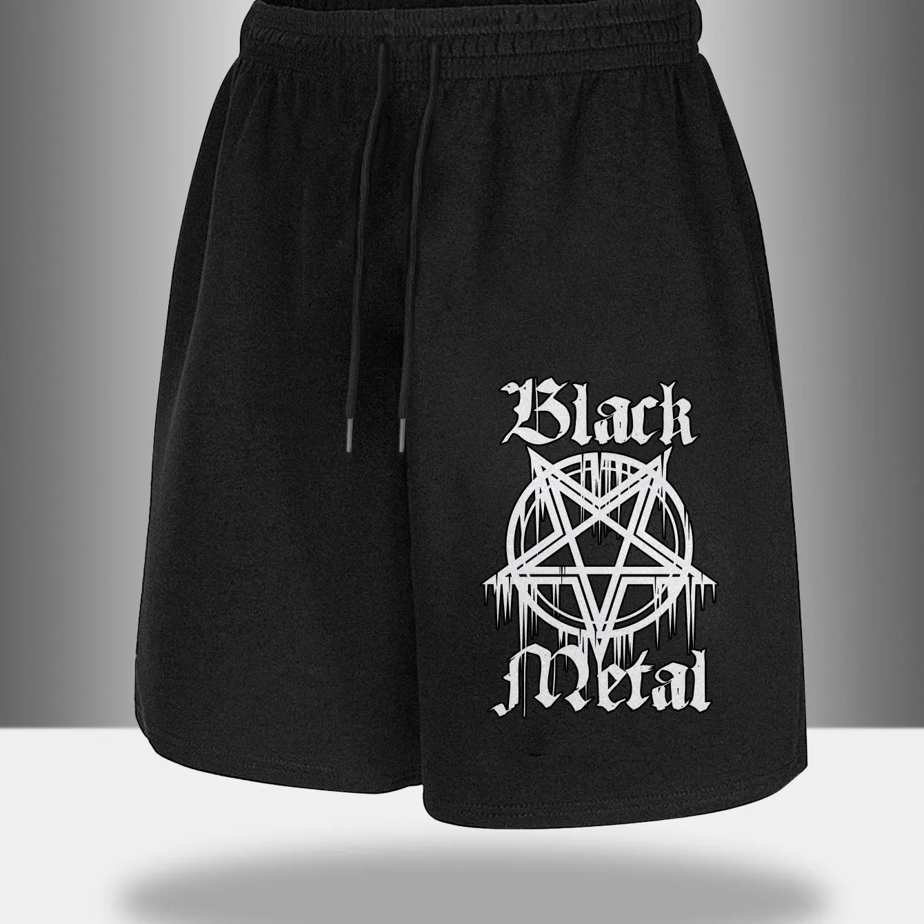 

Men's Black Metal Patterned Shorts, Drawstring Waistband, Casual Pants, Gothic Heavy Metal Style Clothing