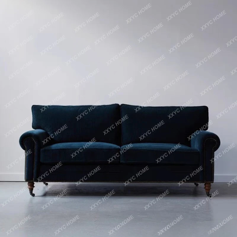 

Трехместный диван ML Country Fabric для небольшой квартиры, простой, в стиле ретро, из королевского синего вельвета, для демонстрационной комнаты.