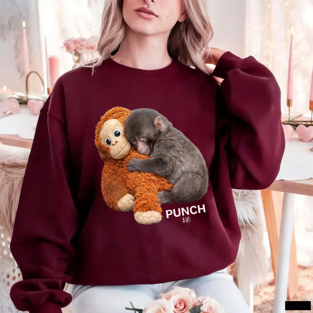 Cozy Realistic Sleepy Monkey Cuddling Plush PUNCH Chinese Character Pullover Trendy Casual Wear Warm Cute Intimate Sweatshirt