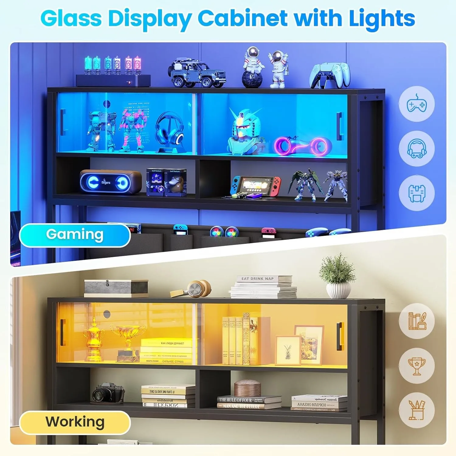 L Shaped Desk with LED Lights, Glass Cabinet and Bookshelf, Corner Computer Desk