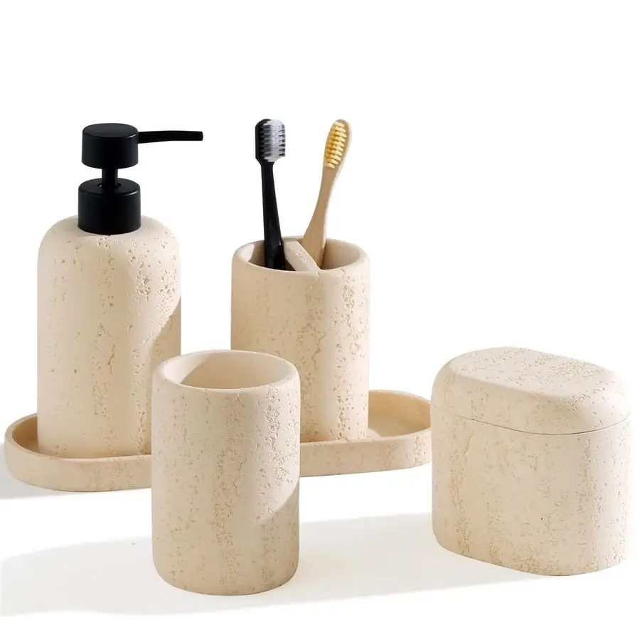 

Bathroom Accessories Set, Travertine StoneLook, 5 PCS Bathroom Accessory Set with 13.53 OZ Soap Dispenser, Toothbrush Holder, Tu