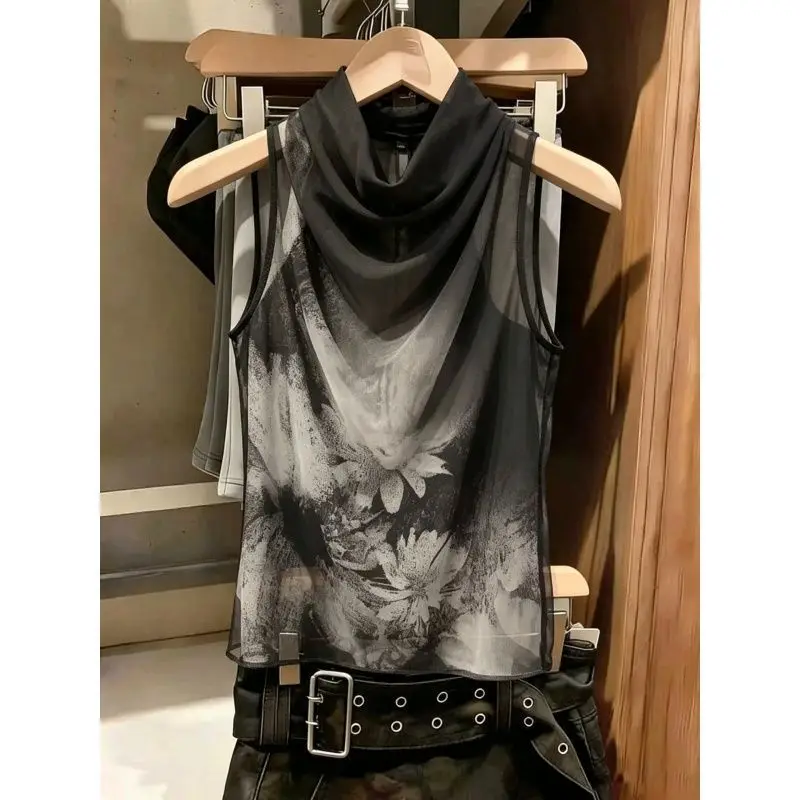 Elegant Water-Media Floral Print Sleeveless Stand Collar Women's Top Vintage Design Commute Friendly Versatile Ethnic Style