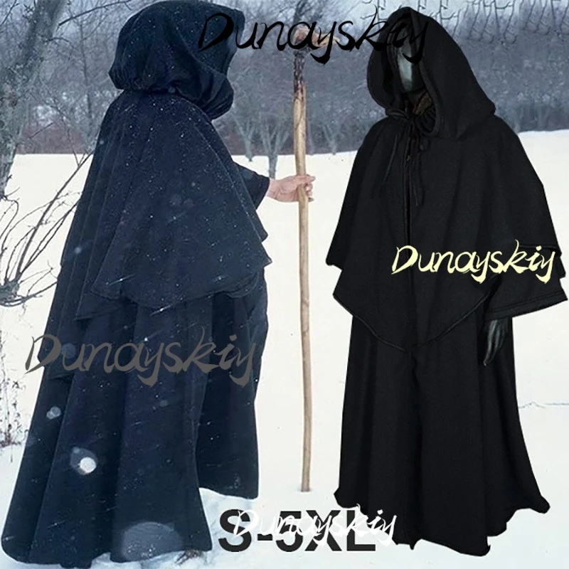 5 Colors Windproof Cosplay Cloak Long Cape Poncho Gothic Mens Monk Cos Hooded Halloween Death Mantles Adult Cosplay Customized