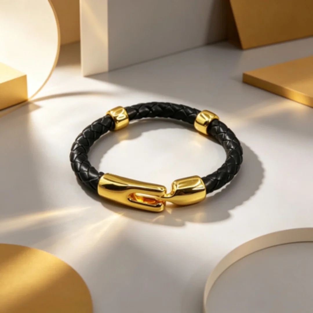Pulsera de Cuero Negra con Detalles Dorados, Estilo Moderno, España 2026, Accesorio Decorativo para Hombre, Regalo para Amigos y Parejas