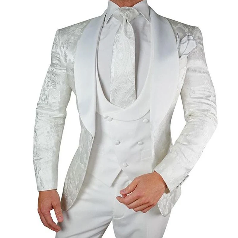 

White Floral Wedding Groom Tuxedo 3 Piece Slim Fit Men Suit With Satin Shawl Lapel Custom Male Fashion Costume Jacket Vest Pants