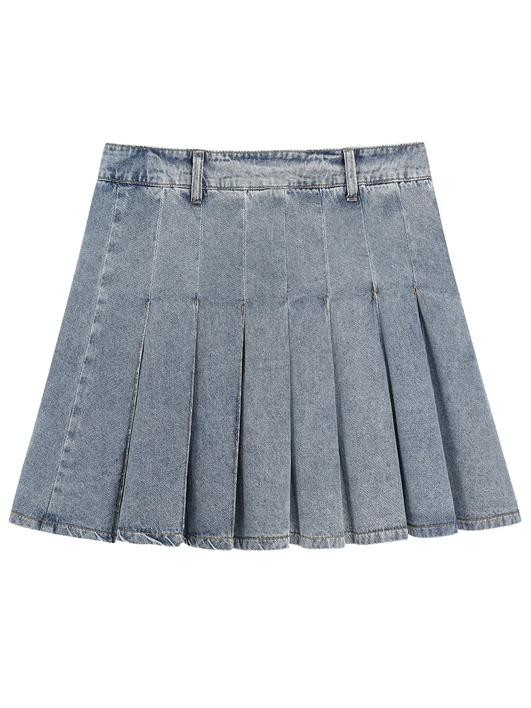 GIBSIE Plus Size Autumn New High Waisted Washed Denim Skirt Women Y2K Retro All Match Pleated Mini Skirts Fashion Streetwear