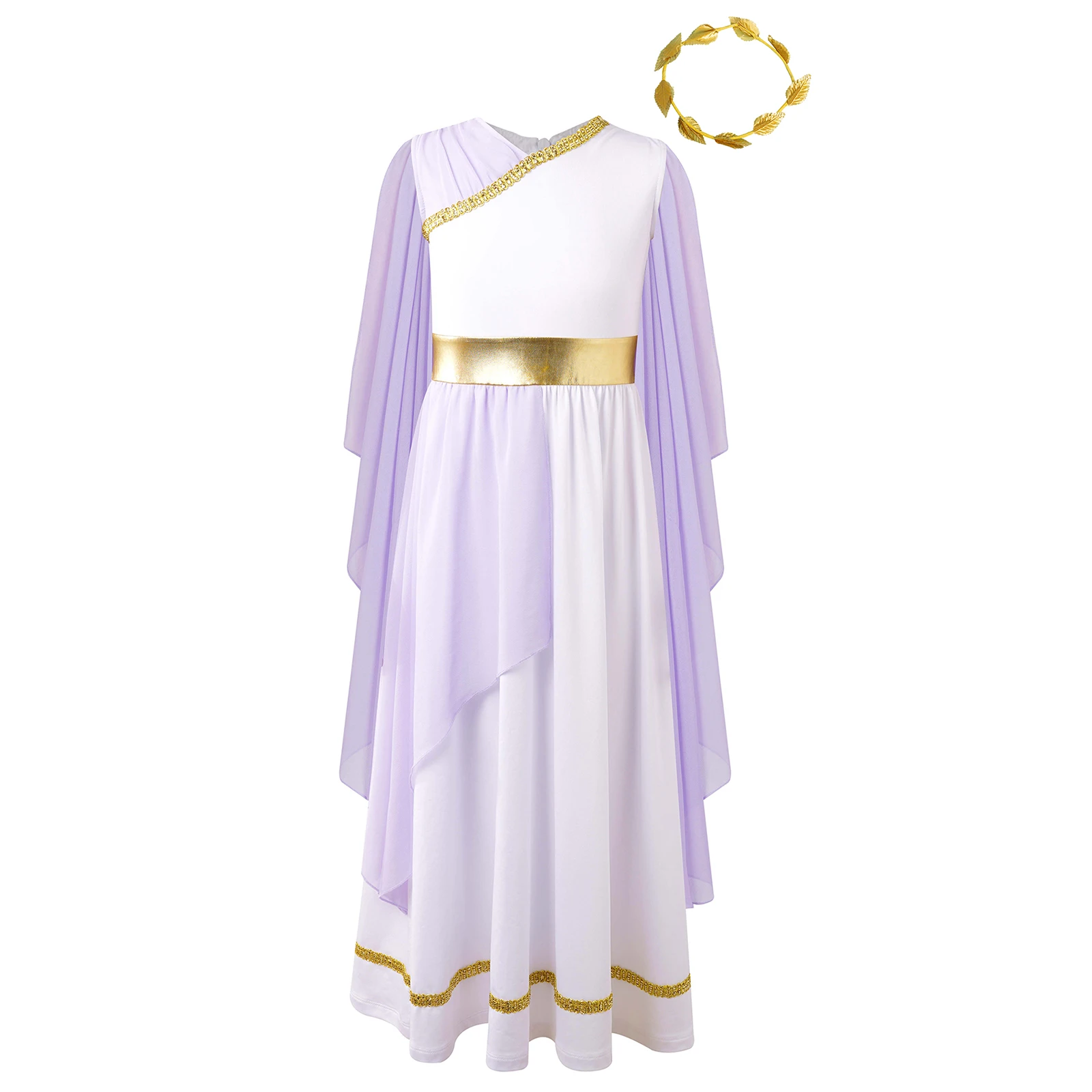 Girls Halloween Ancient Greek Costume Chiffon Cap Sleeve Color Patchwork Gold Belt Dress with Gold Leaves Garland Head Wear