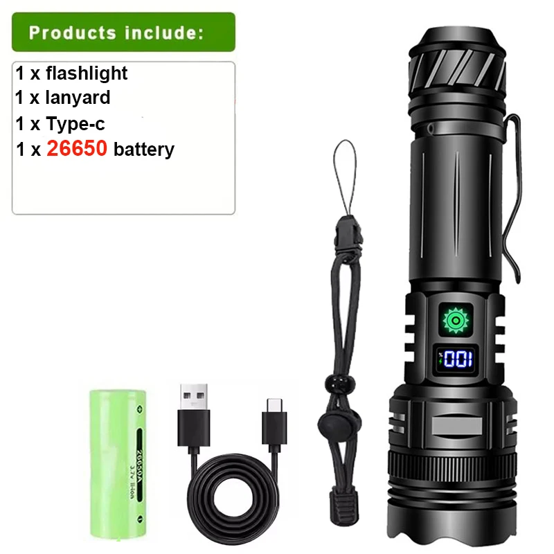 Potente linterna LED de aleación de aluminio, linterna recargable por Usb, iluminación con zoom, resistente al agua con batería 26650