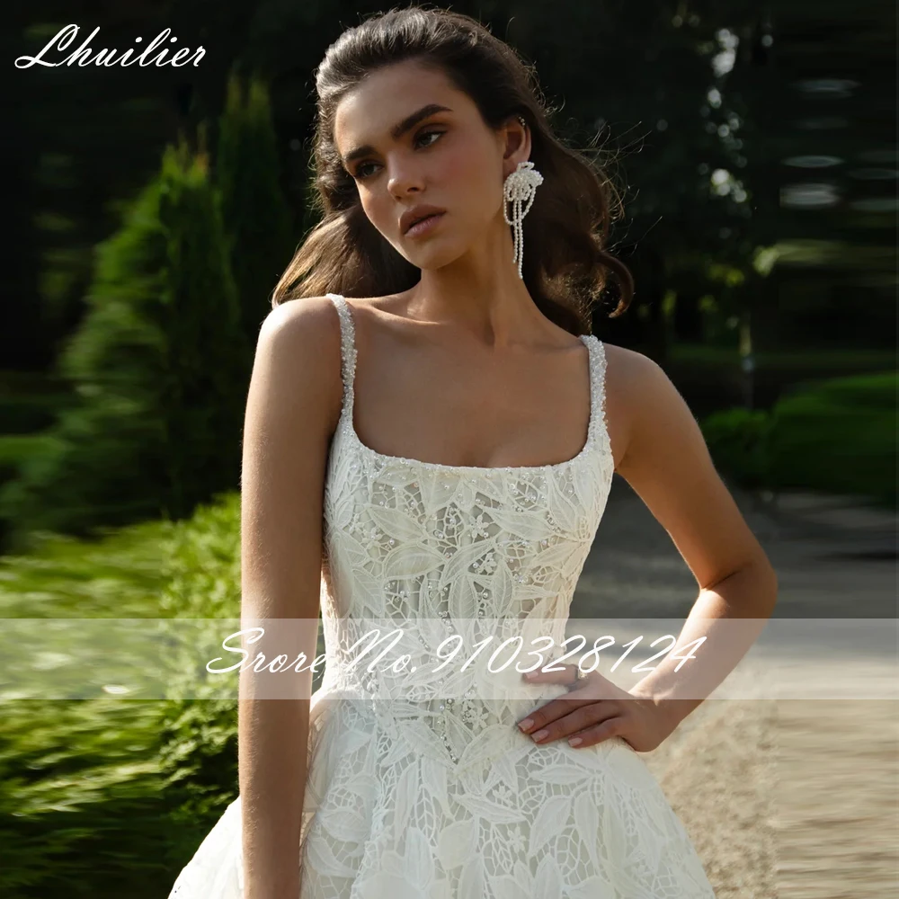 Lhuilier Customized A Line Square Neck Lace Wedding Dresses Sleeveless Beaded Bridal Gowns with Chapel Train