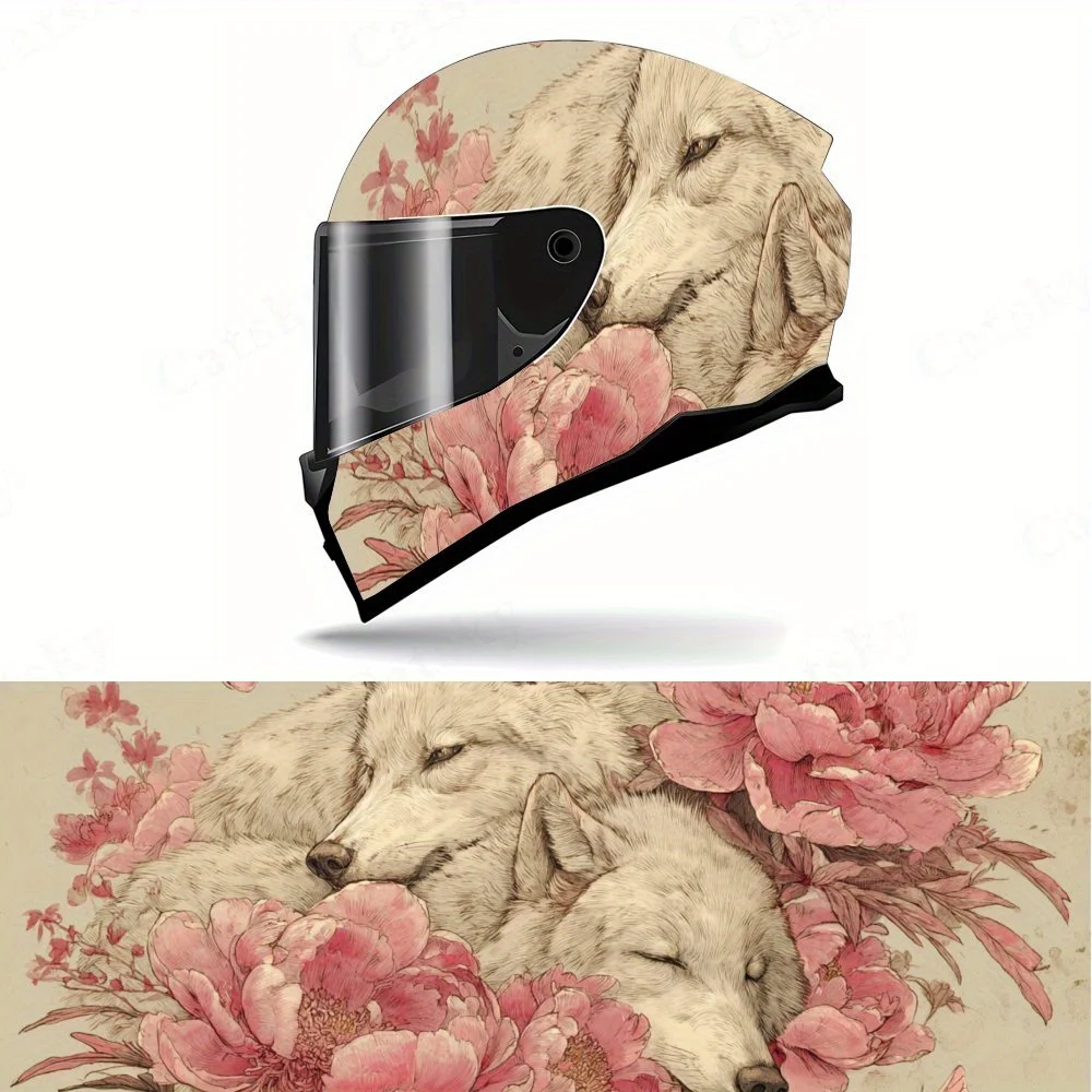 

Classic White Wolf and Peony Motorcycle Helmet PVC Protective Sticker, Motorcycle Helmet Exterior Decorative Accessory, Waterpro