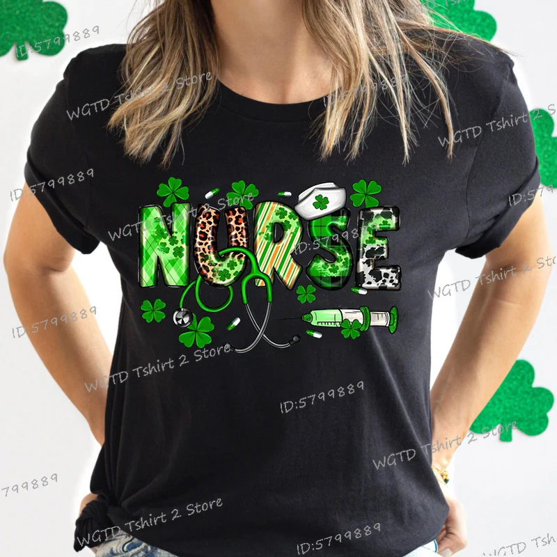 St Patricks Day TShirt for Nurse Lucky Nurse Stethoscope Gift St. Patrick's Day Nurse Leopard Shamrock Crew Neck T-shirt Women