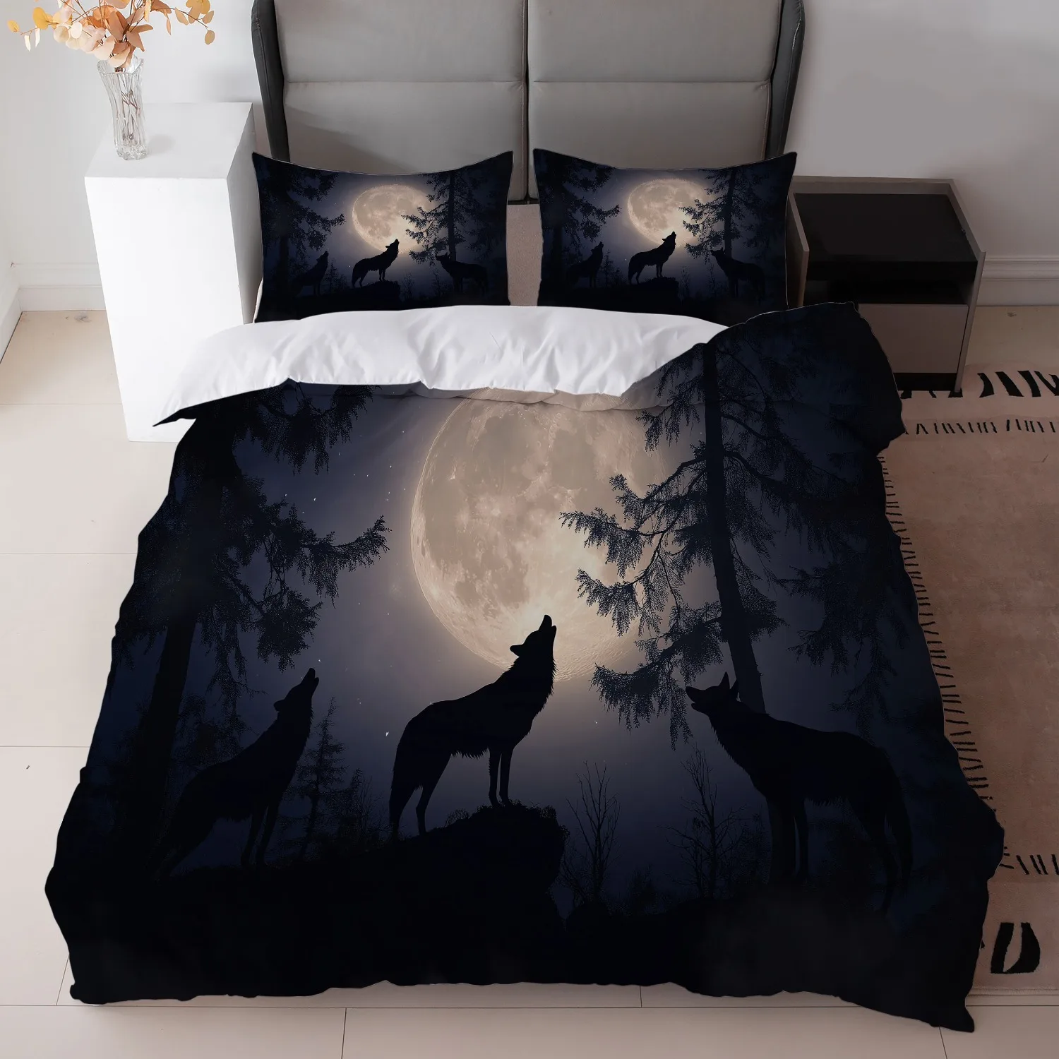 Midnight Lone Wolf Bedding Set Collection, Ultra-Soft Breathable Printed Duvet Cover Set with Pillowcases for Bedroom