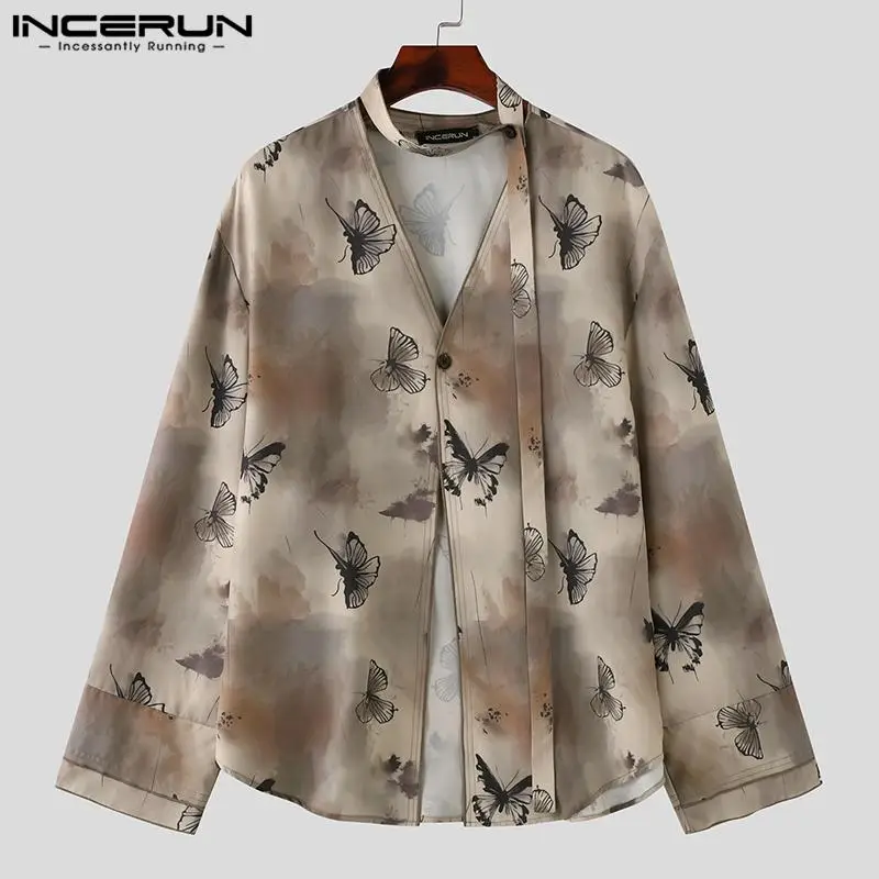 INCERUN Men\'s Shirt Printing V Neck Long Sleeve One Button Casual Men Clothing Streetwear Loose 2024 Korean Fashion Male Shirts