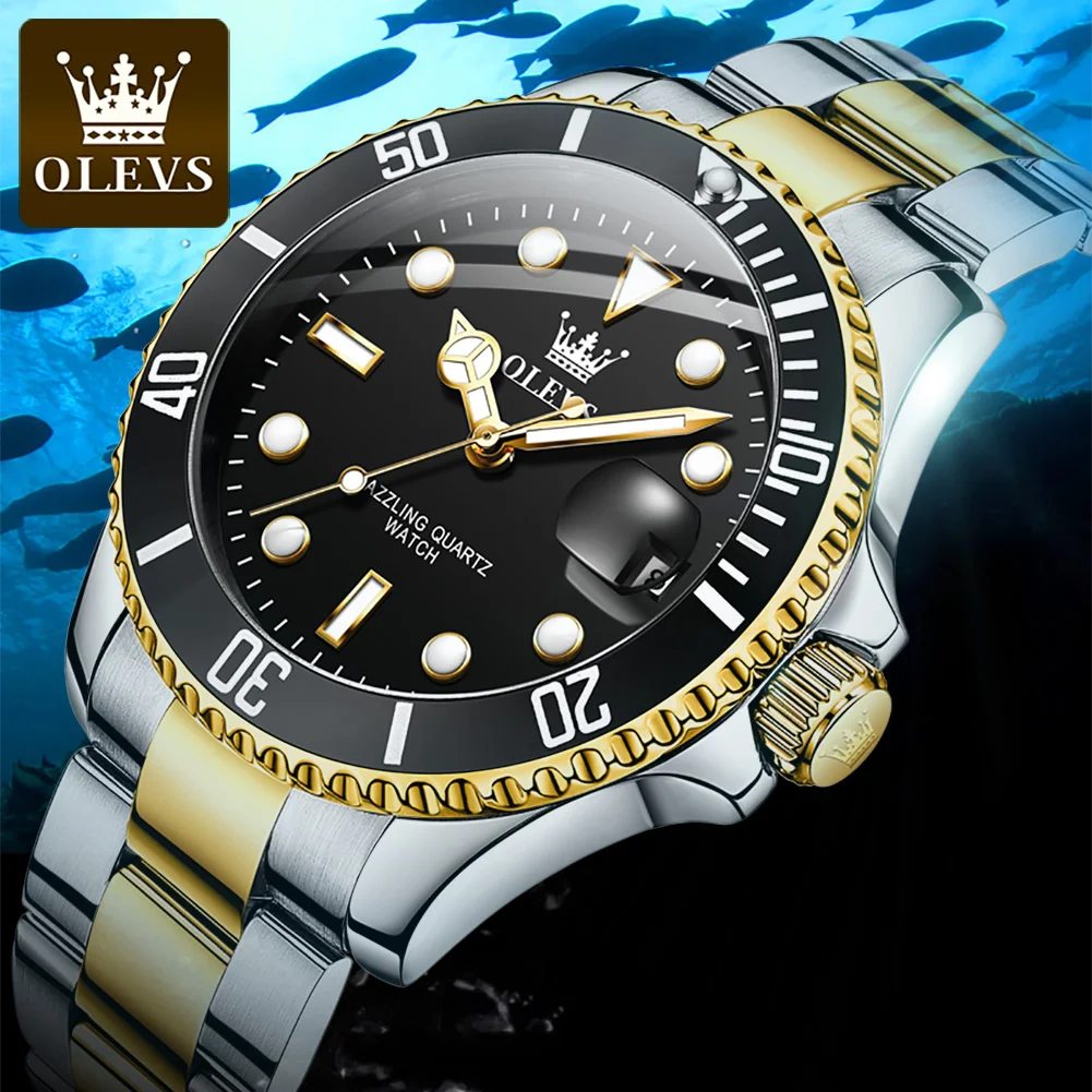 OLEVS Men Green Water Ghost Watch Luxury Top Brand Business Waterproof Large Dial Sports Stainless Steel Wristwatch Men 5885