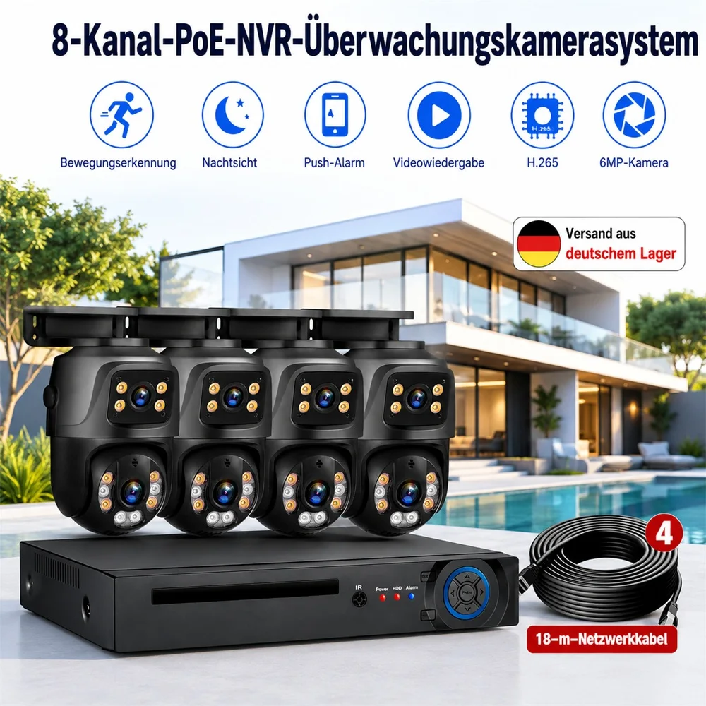 Kit NVR POE HD 6MP 8 canaux KERUI, système de caméra de sécurité domestique, caméra IP extérieure à double objectif, kit de surveillance vidéo NVR, CCTV, détection humaine