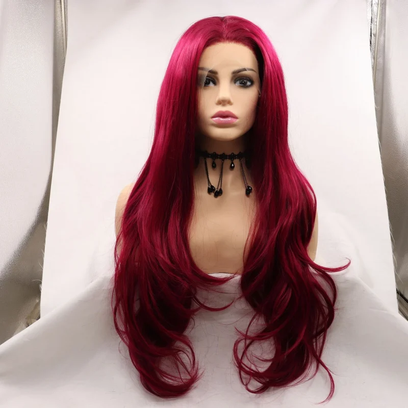 

, hand-crocheted front lace women's wig, rose red, middle parting, large wavy long curly hair, naturally voluminous headpiece
